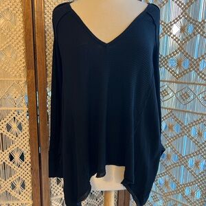 Free People Black Waffle Knit Asymmetrical Long Sleeve Top